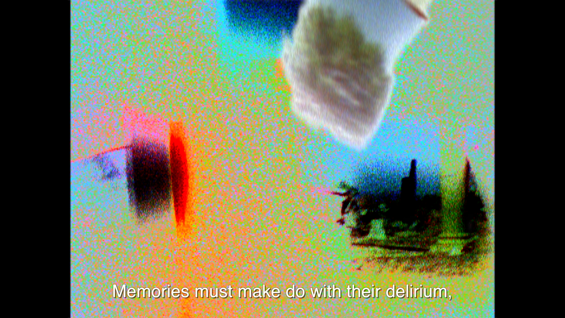 Pixelated multi-color image with text "Memories must make do with their delirium," written at the bottom.