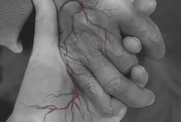 two hands clasped in black and white with veins highlighted in grey and red