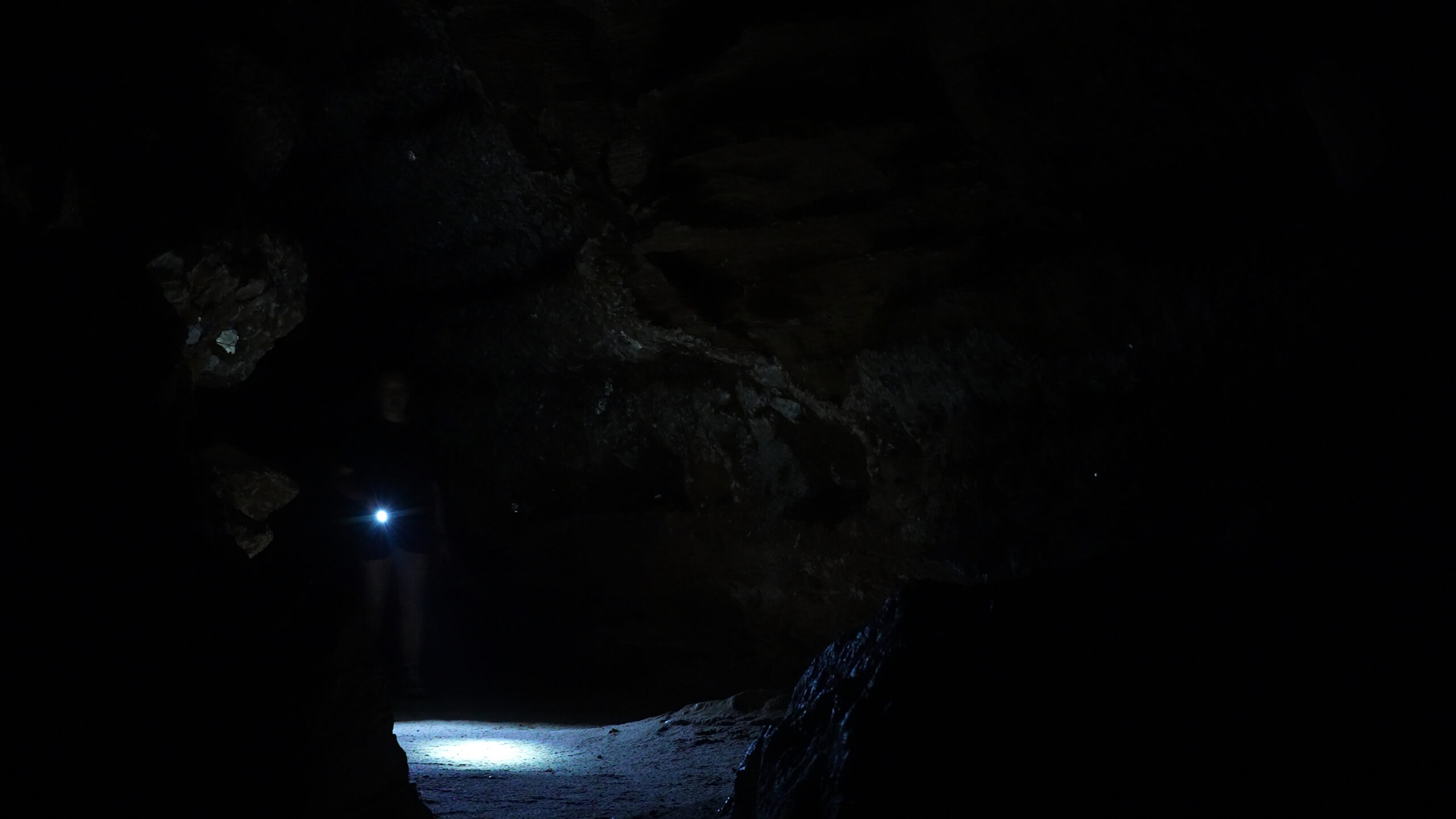 Flashlight shining in front a cave at night. 